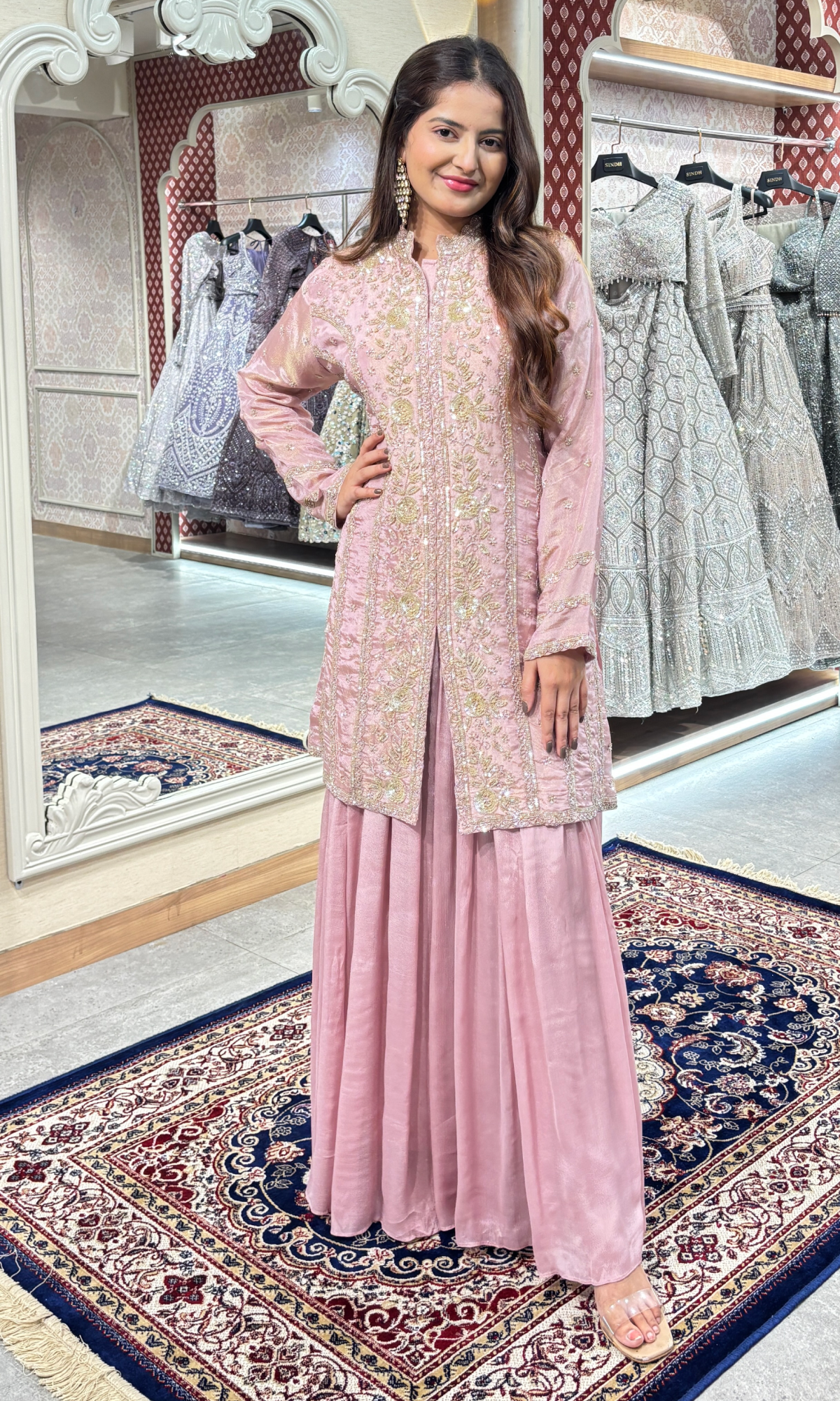 Mauve Semi Georgette Embroidered Skirt Set