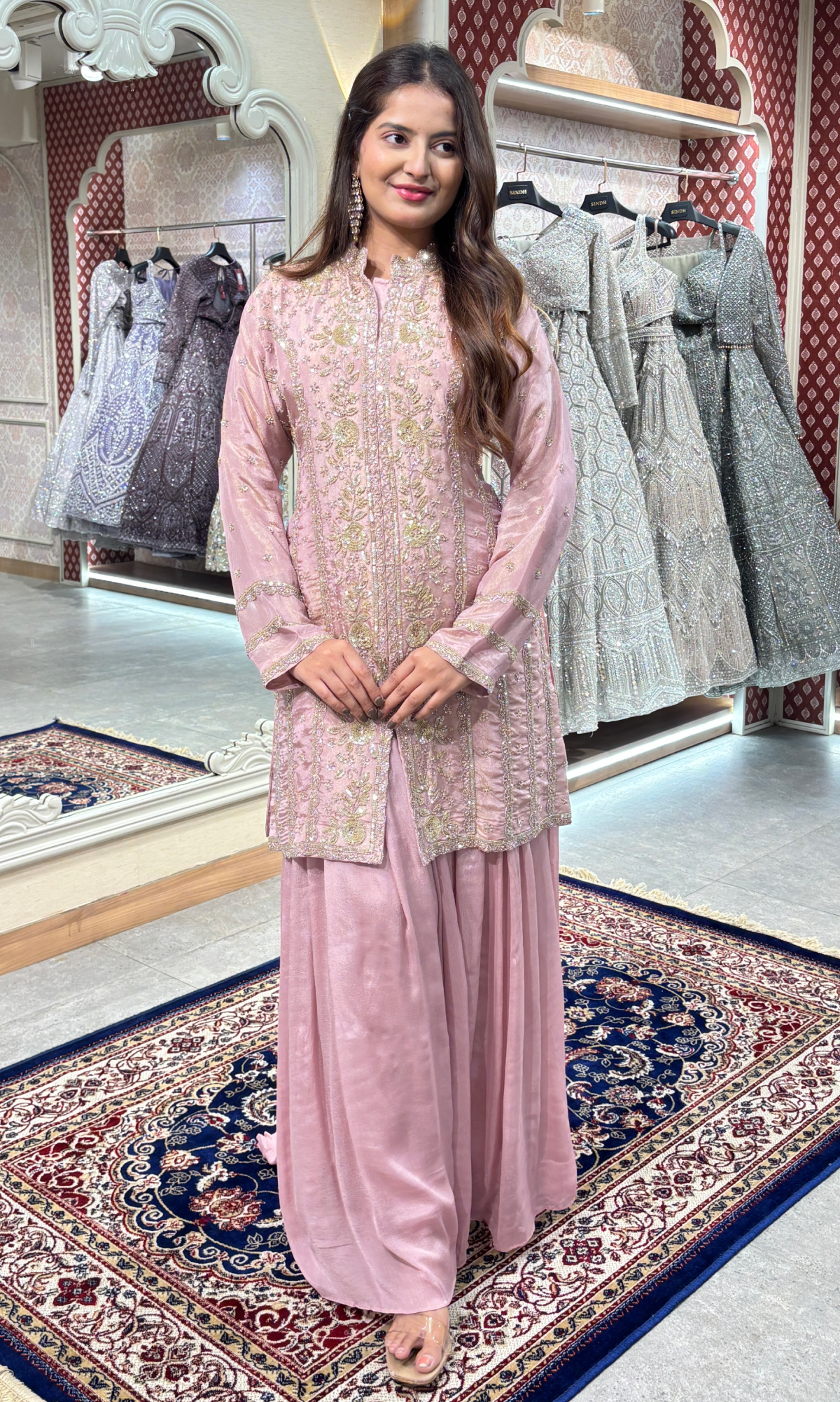 Mauve Semi Georgette Embroidered Skirt Set