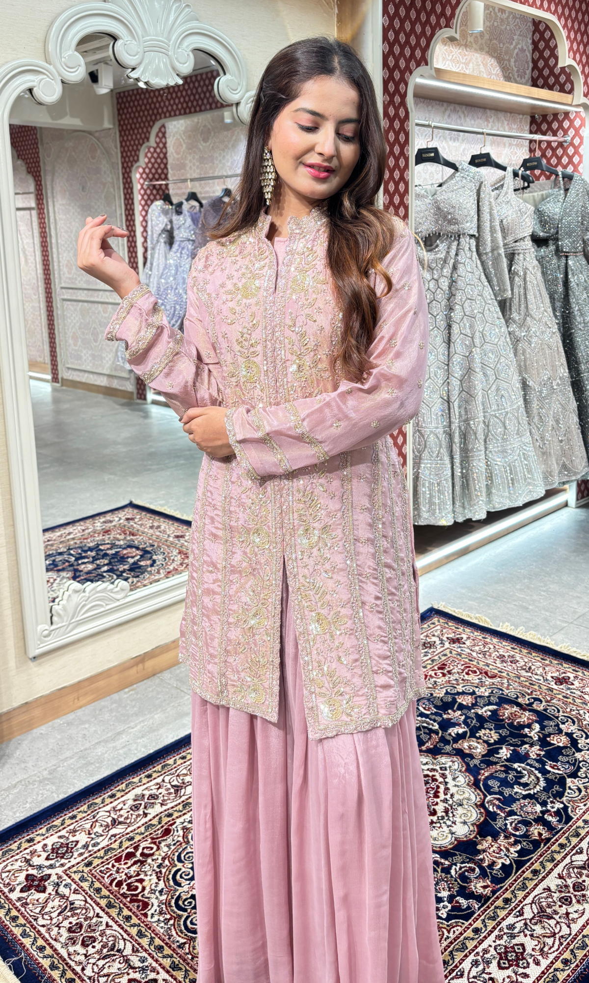 Mauve Semi Georgette Embroidered Skirt Set