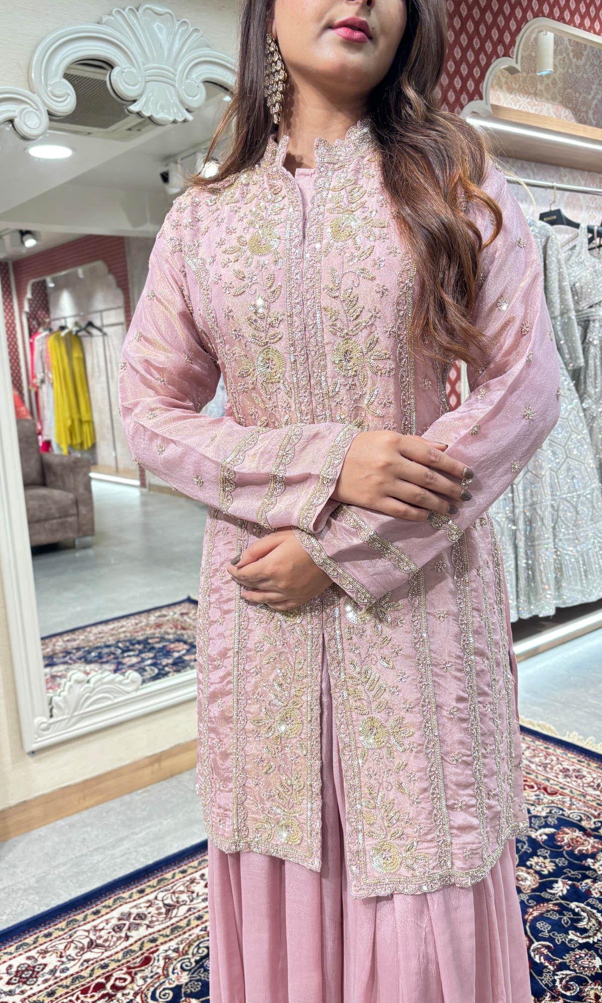 Mauve Semi Georgette Embroidered Skirt Set