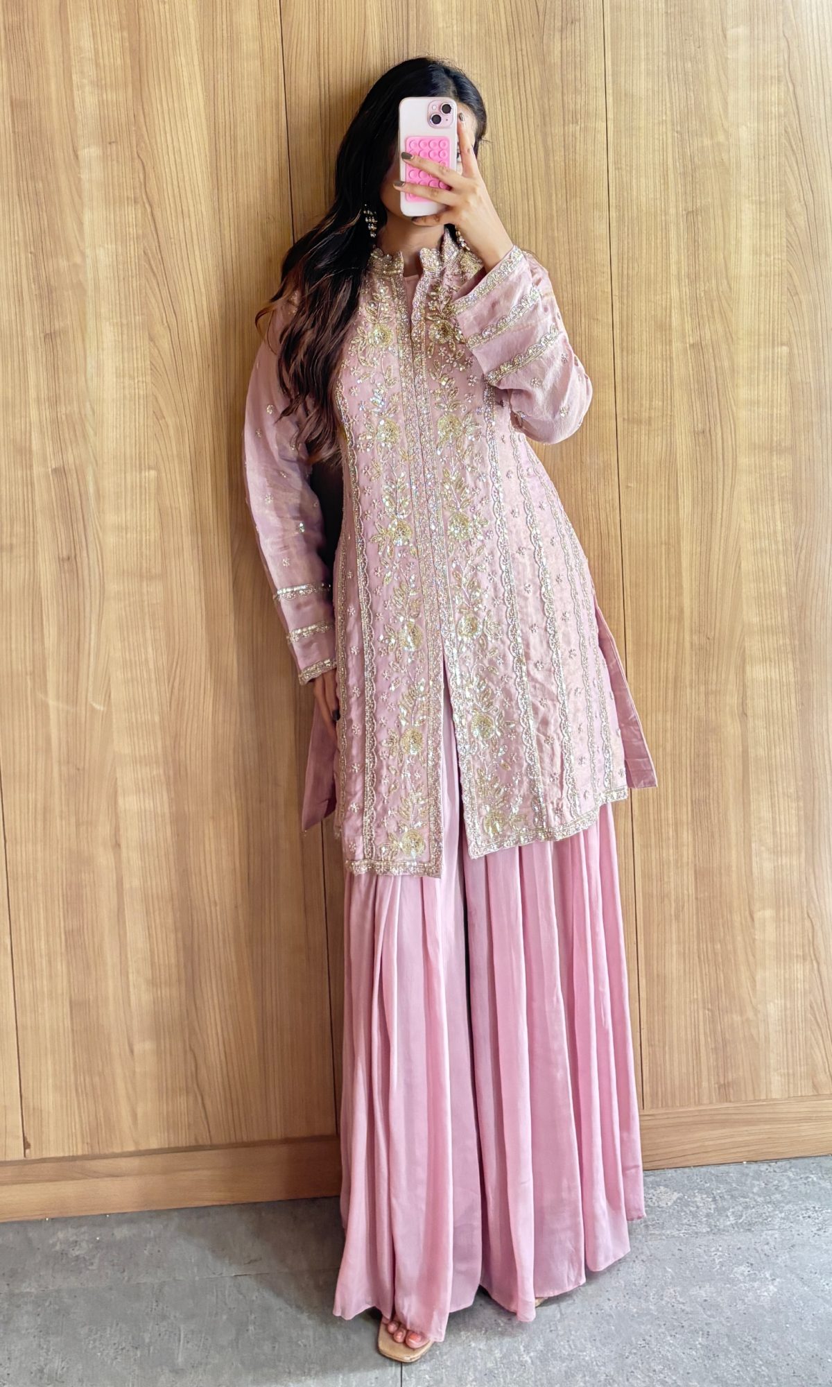Mauve Semi Georgette Embroidered Skirt Set