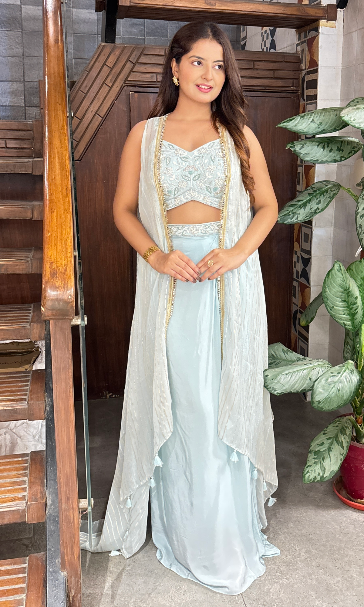 Blue Semi Georgette Floral Embroidered Jacket Set