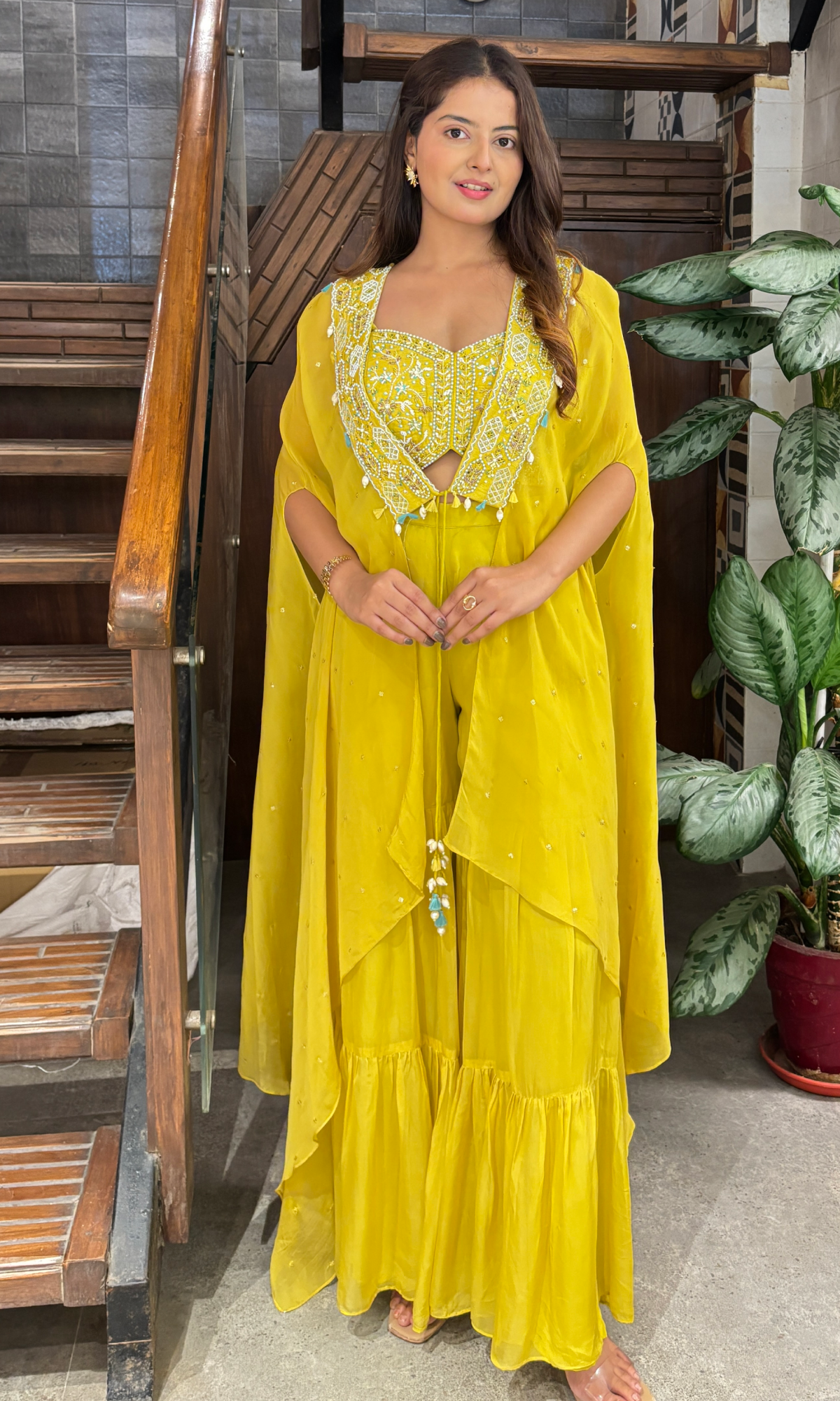 Neon Green Georgette Threadwork With Embellished Blouse And Jacket