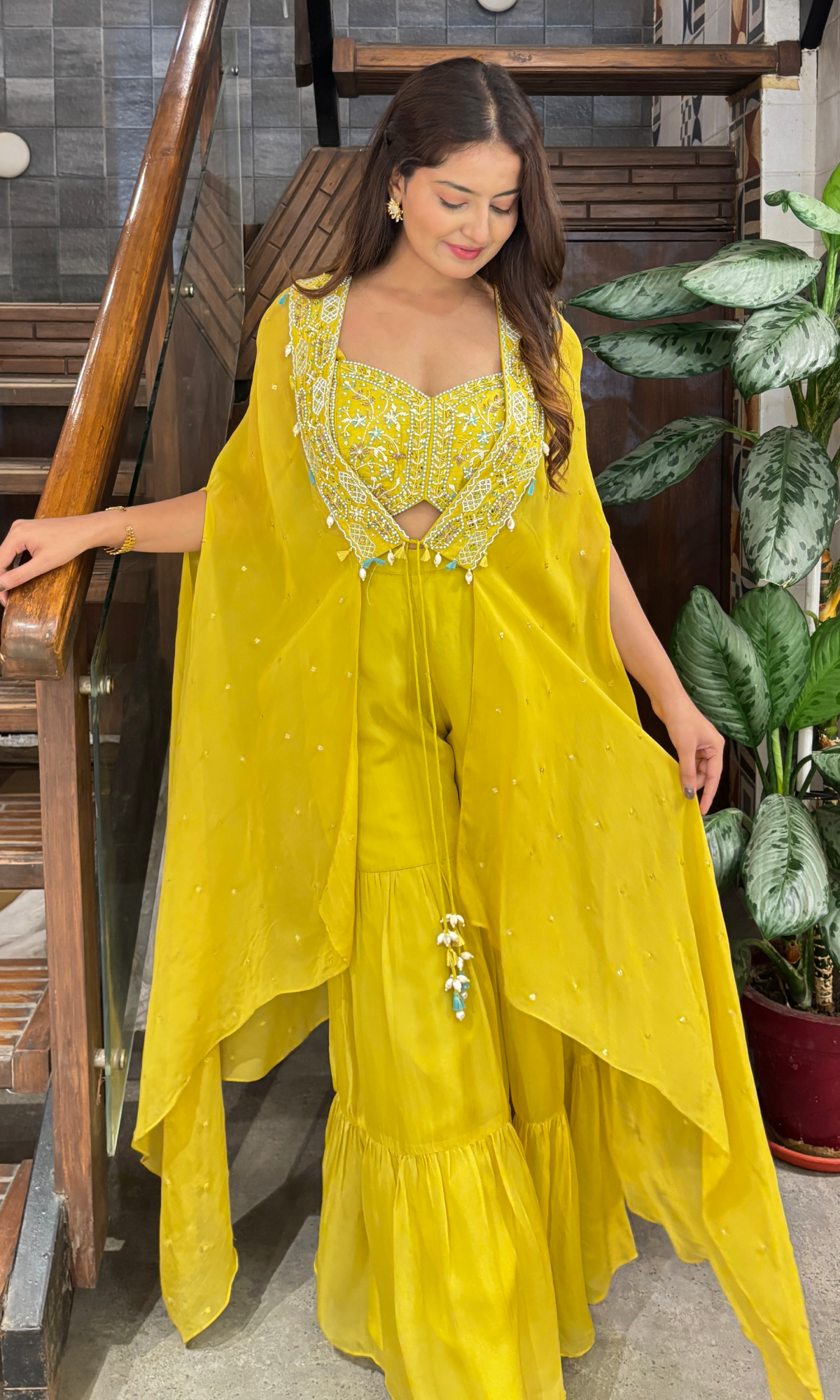 Neon Green Georgette Threadwork With Embellished Blouse And Jacket
