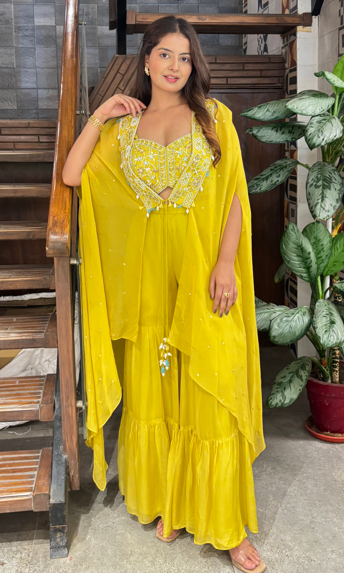Neon Green Georgette Threadwork With Embellished Blouse And Jacket