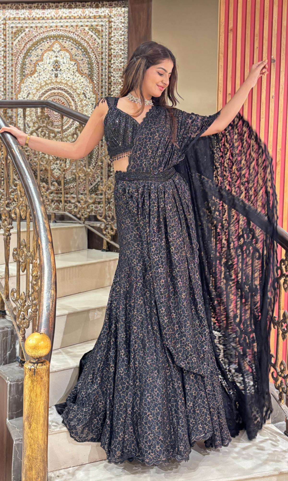Black Floral Guipure Lace Flared Gown