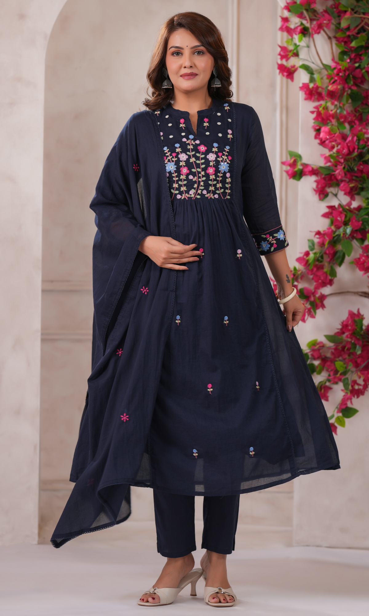 Navy Blue Semi Cotton Floral Embroidered Salwar Suit