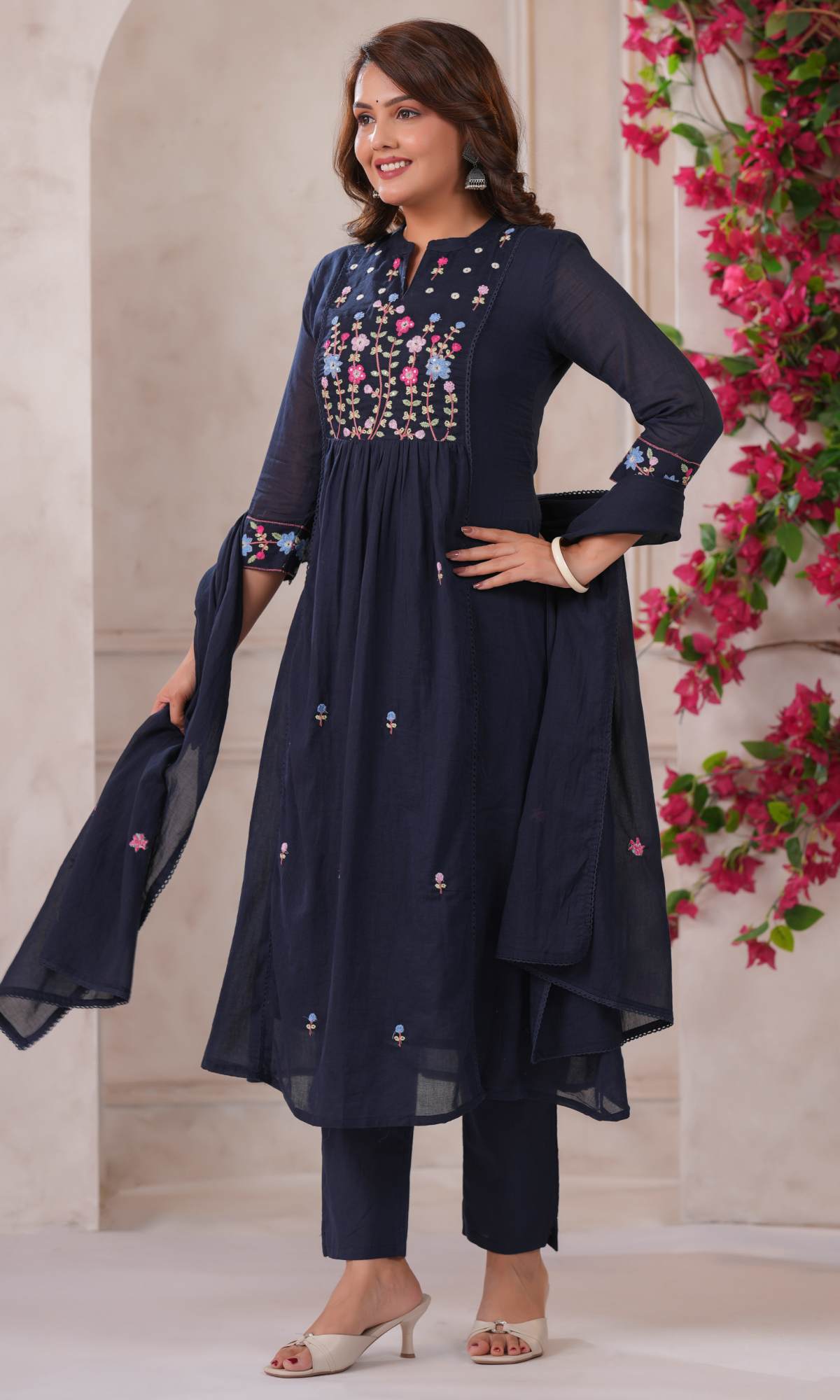 Navy Blue Semi Cotton Floral Embroidered Salwar Suit