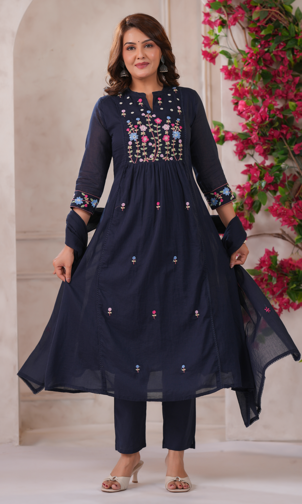 Navy Blue Semi Cotton Floral Embroidered Salwar Suit