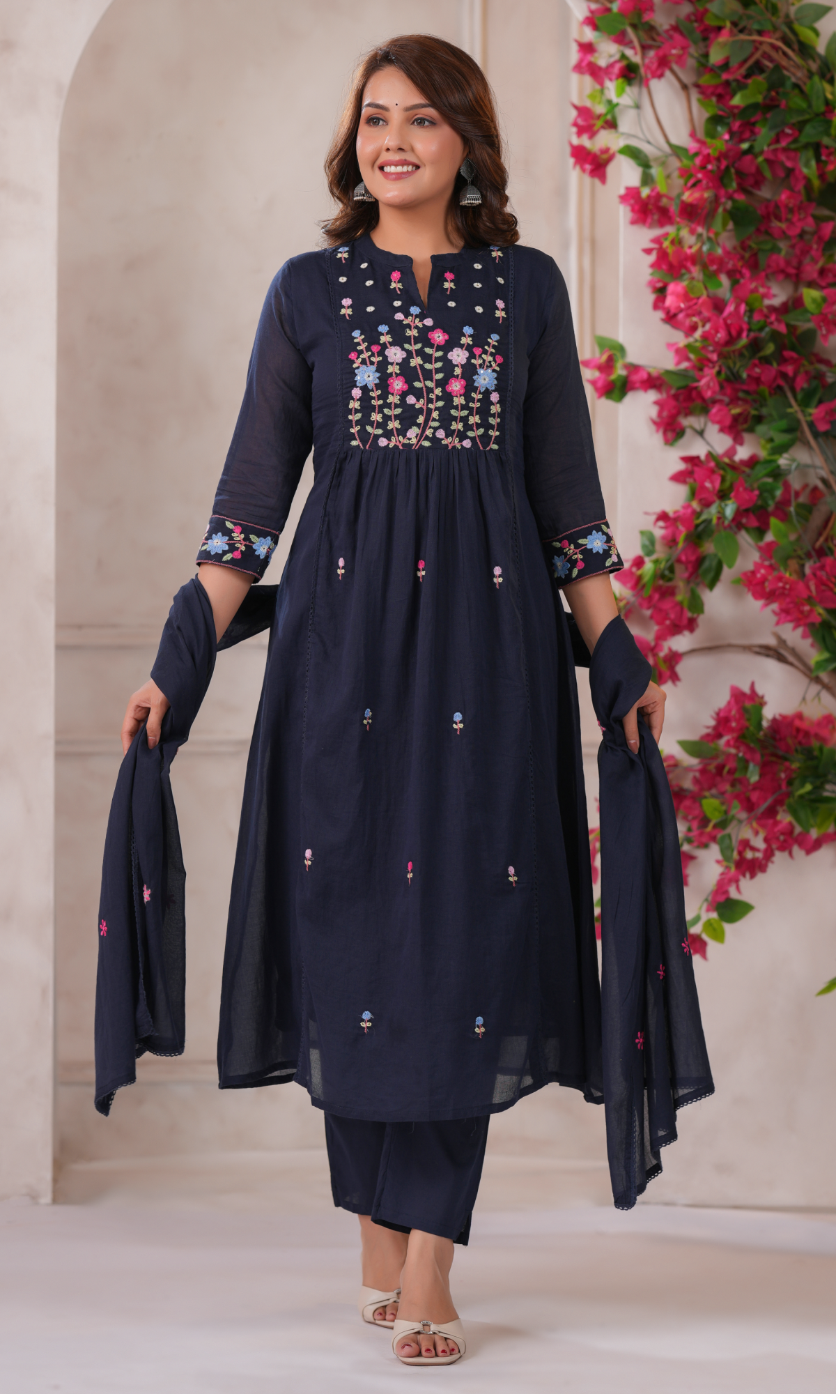 Navy Blue Semi Cotton Floral Embroidered Salwar Suit
