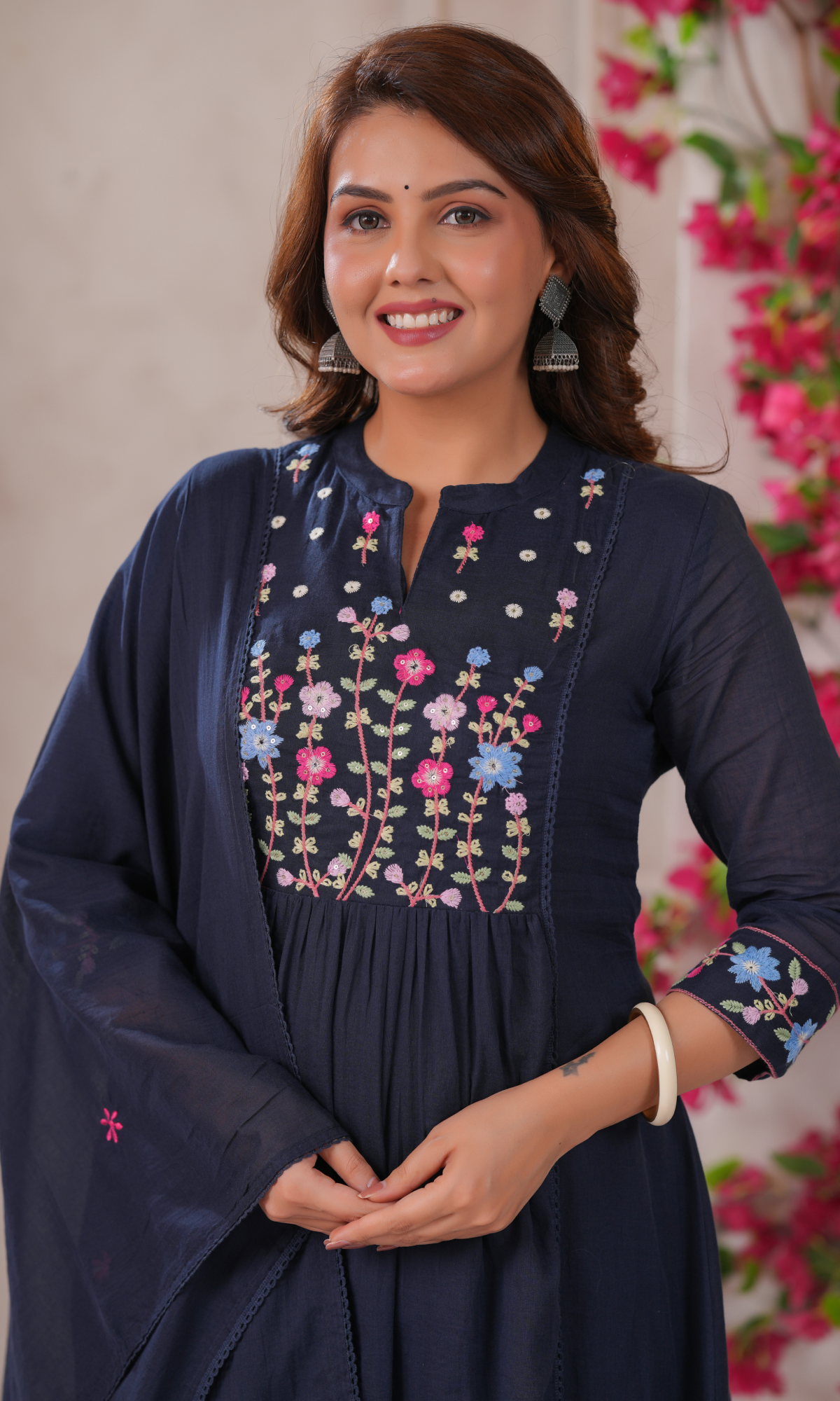 Navy Blue Semi Cotton Floral Embroidered Salwar Suit