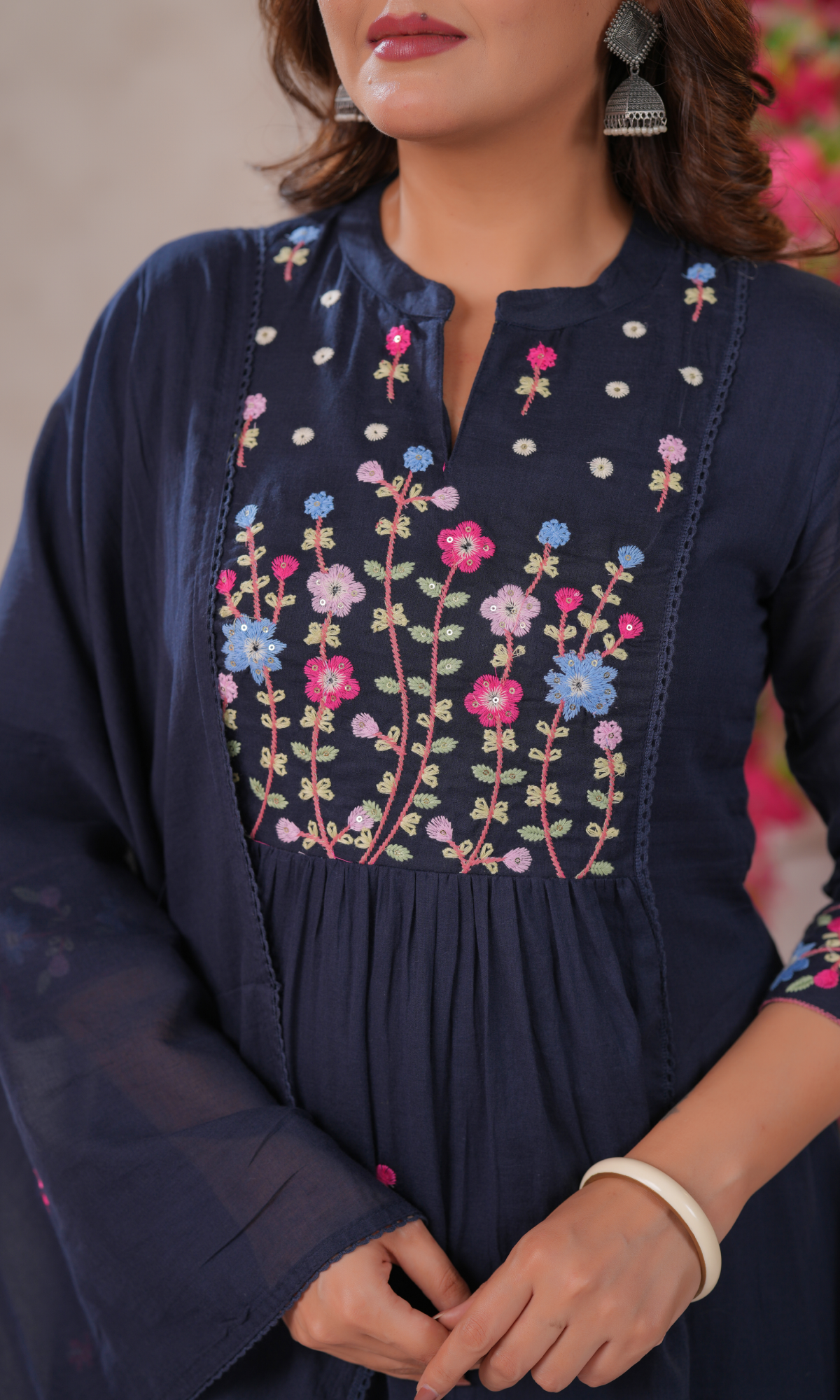 Navy Blue Semi Cotton Floral Embroidered Salwar Suit
