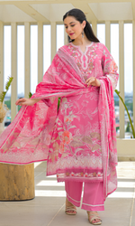 Pink Semi Cotton Floral Embroidered Salwar Suit