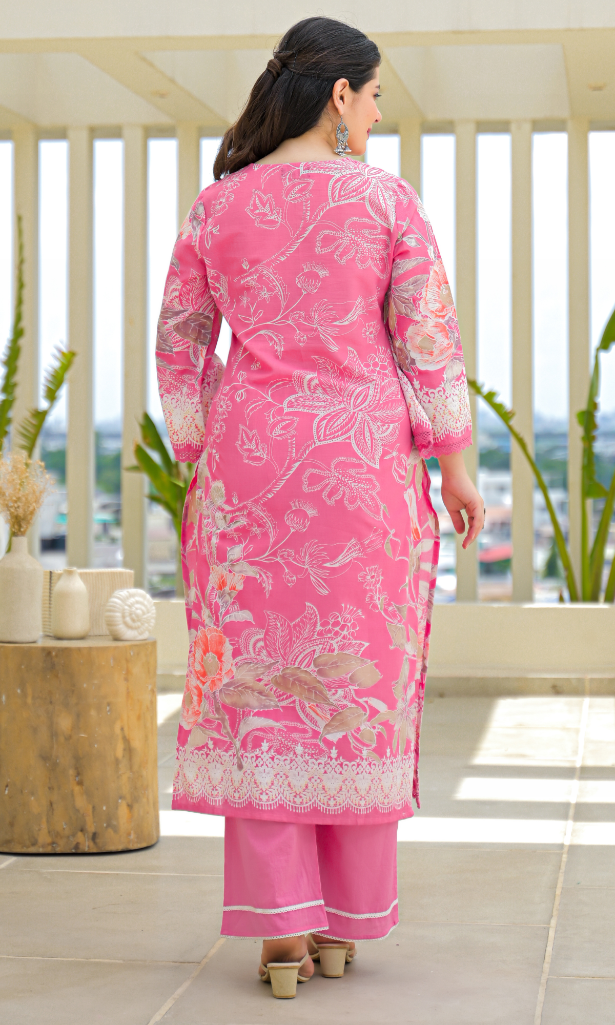 Pink Semi Cotton Floral Embroidered Salwar Suit