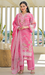Pink Semi Cotton Floral Embroidered Salwar Suit