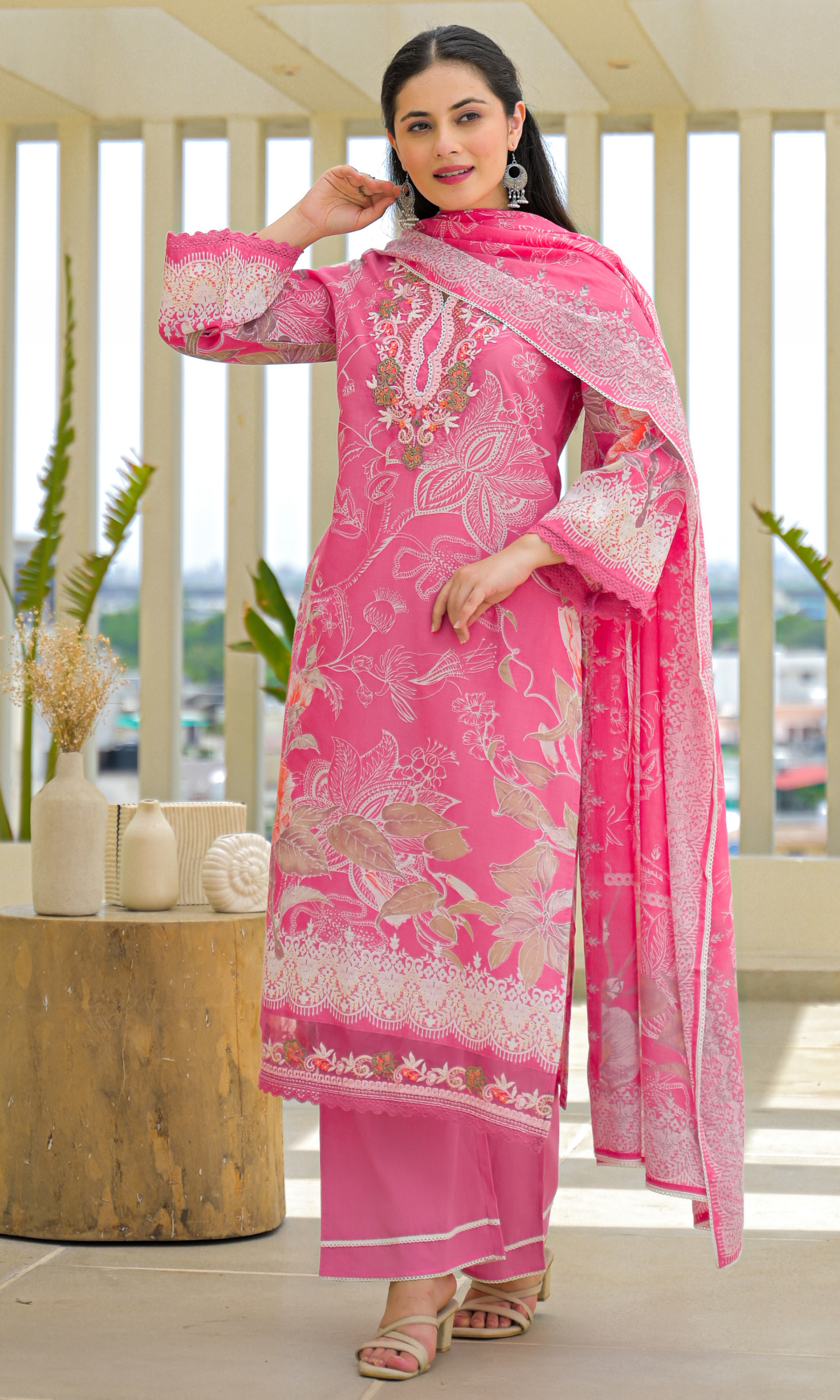 Pink Semi Cotton Floral Embroidered Salwar Suit