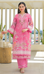 Pink Semi Cotton Floral Embroidered Salwar Suit