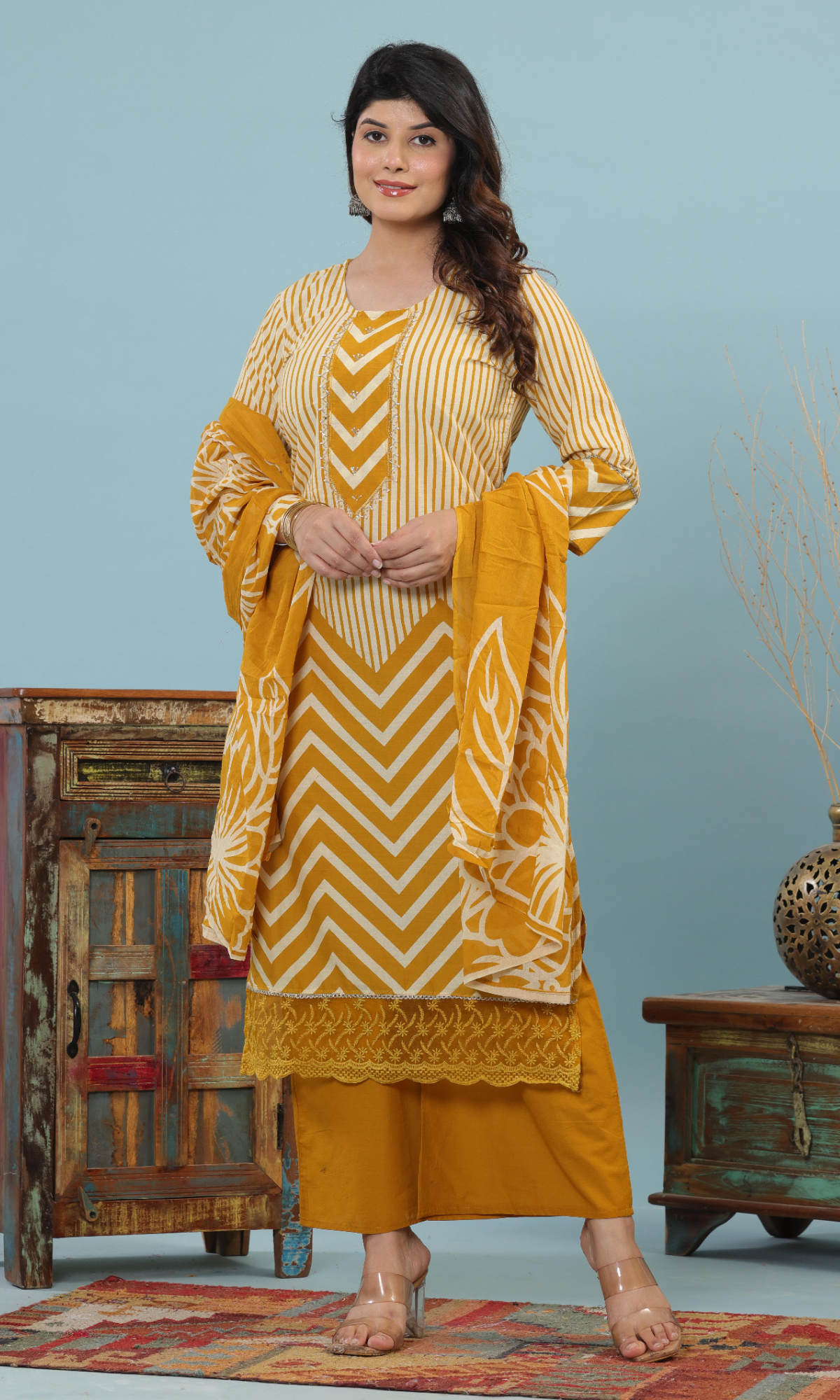 Mustard Semi Cotton Printed Salwar Suit