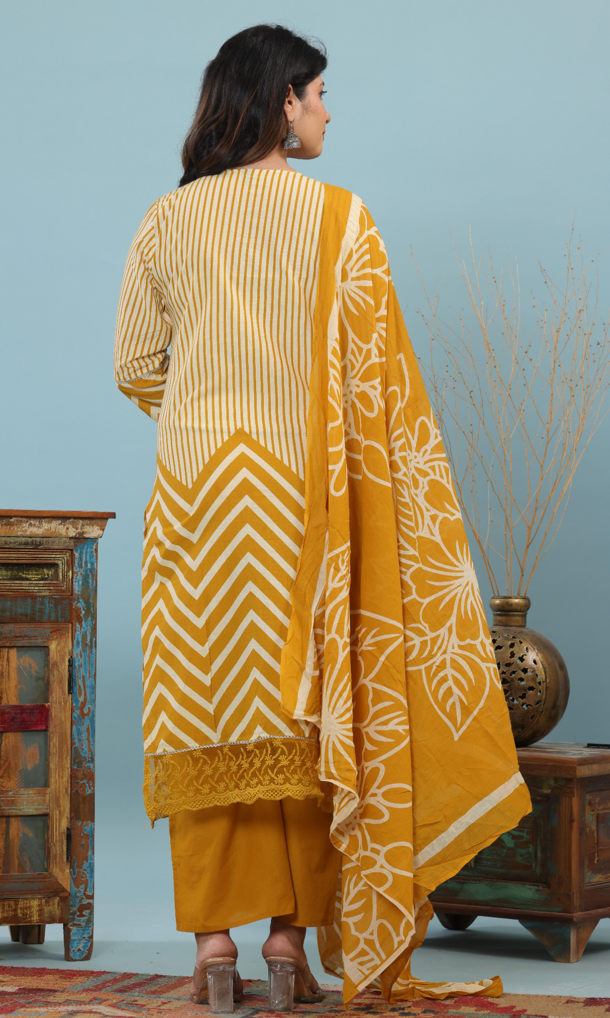Mustard Semi Cotton Printed Salwar Suit