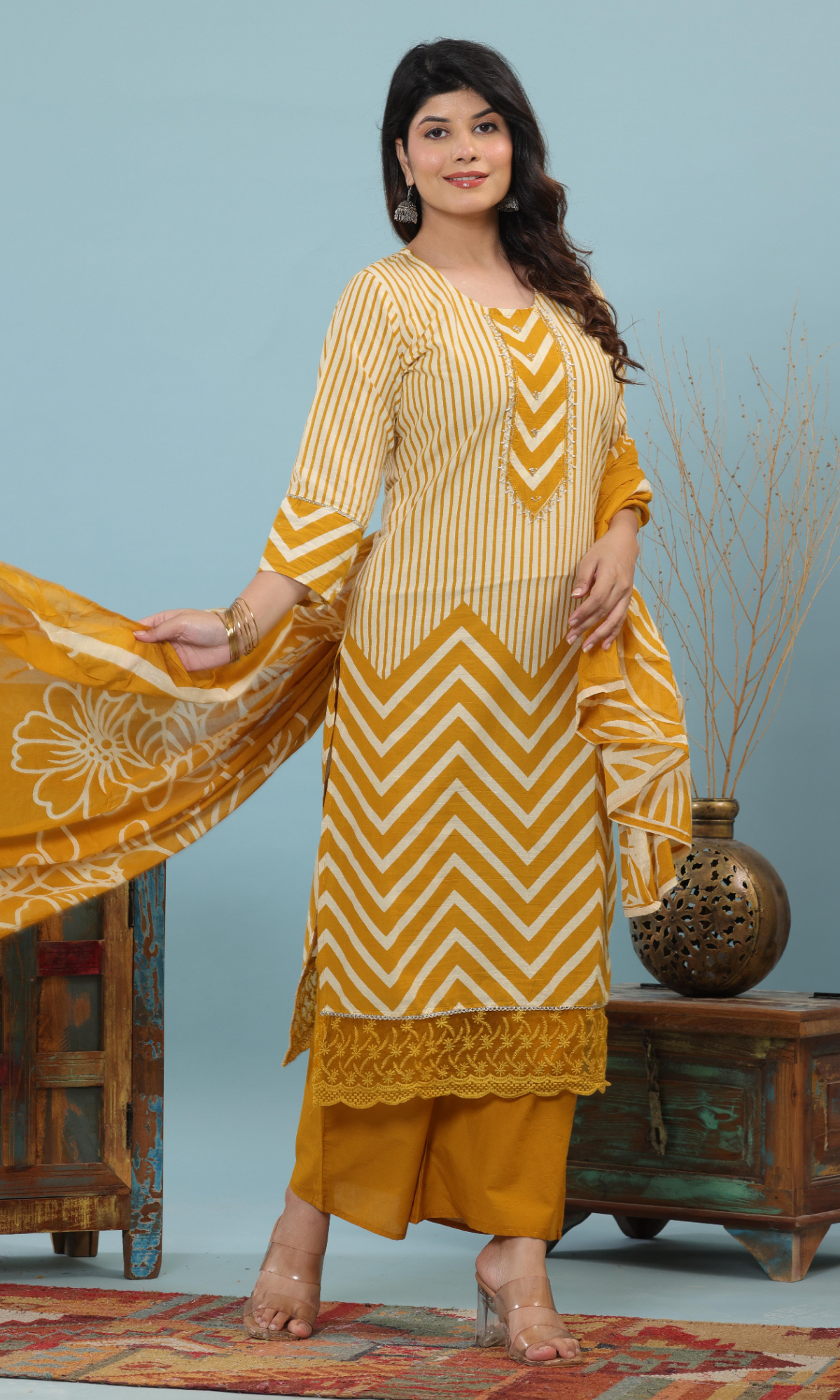 Mustard Semi Cotton Printed Salwar Suit
