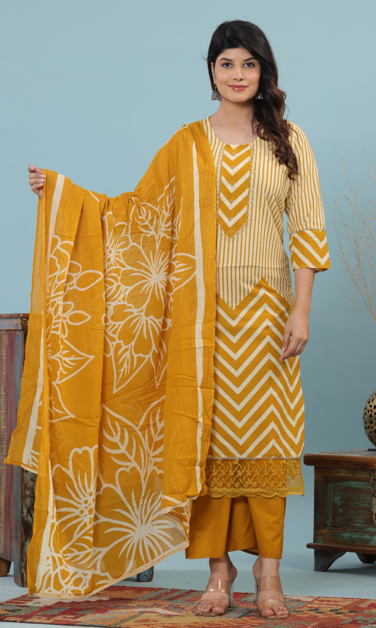 Mustard Semi Cotton Printed Salwar Suit