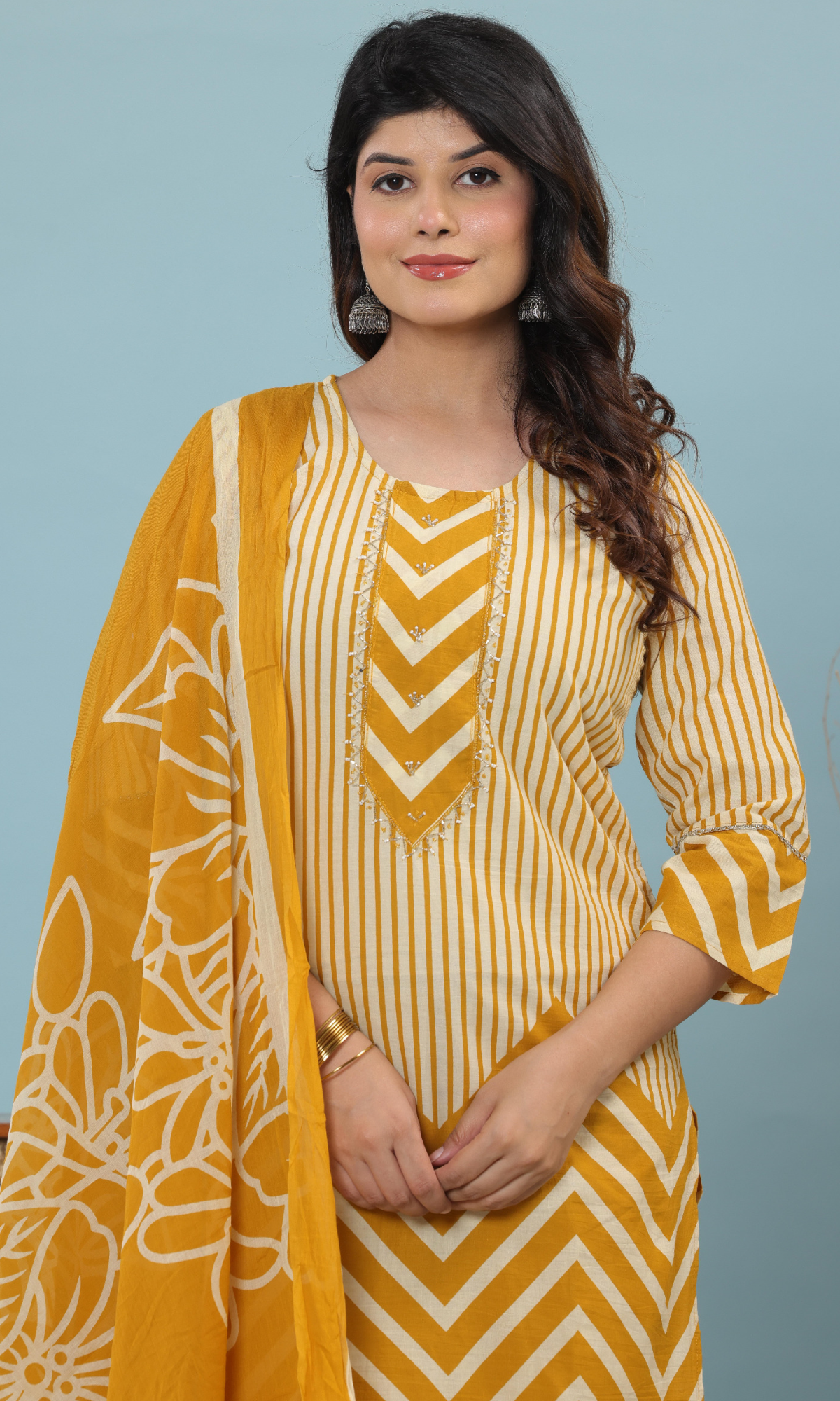 Mustard Semi Cotton Printed Salwar Suit