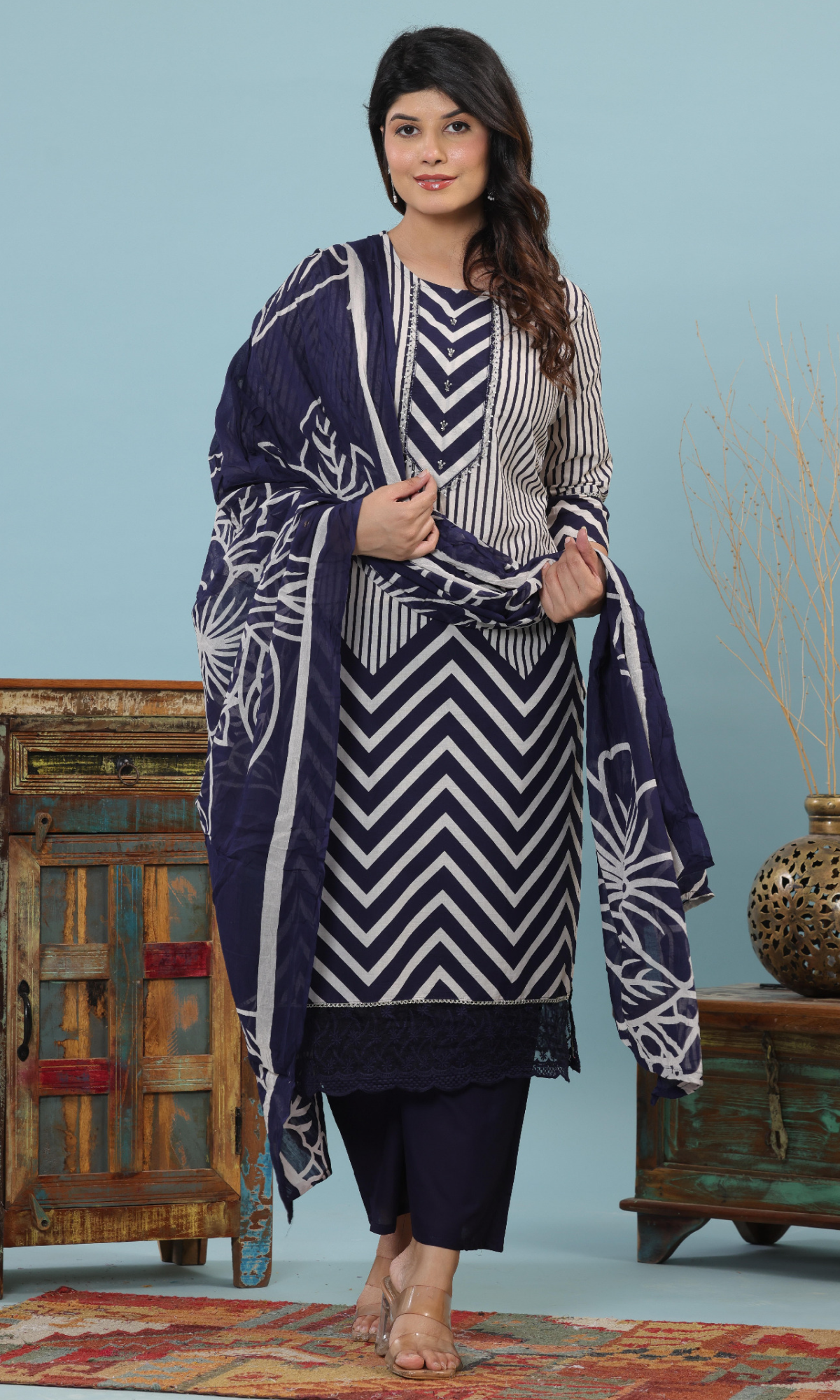 Navy Blue Semi Cotton Printed Salwar Suit