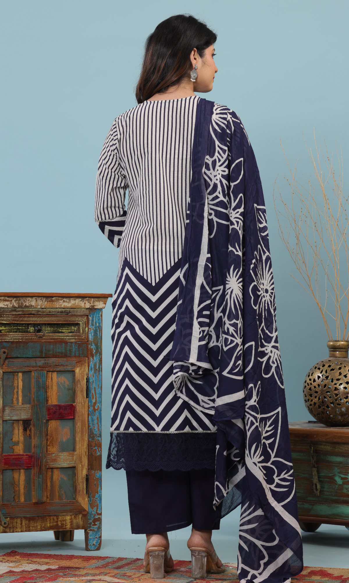 Navy Blue Semi Cotton Printed Salwar Suit