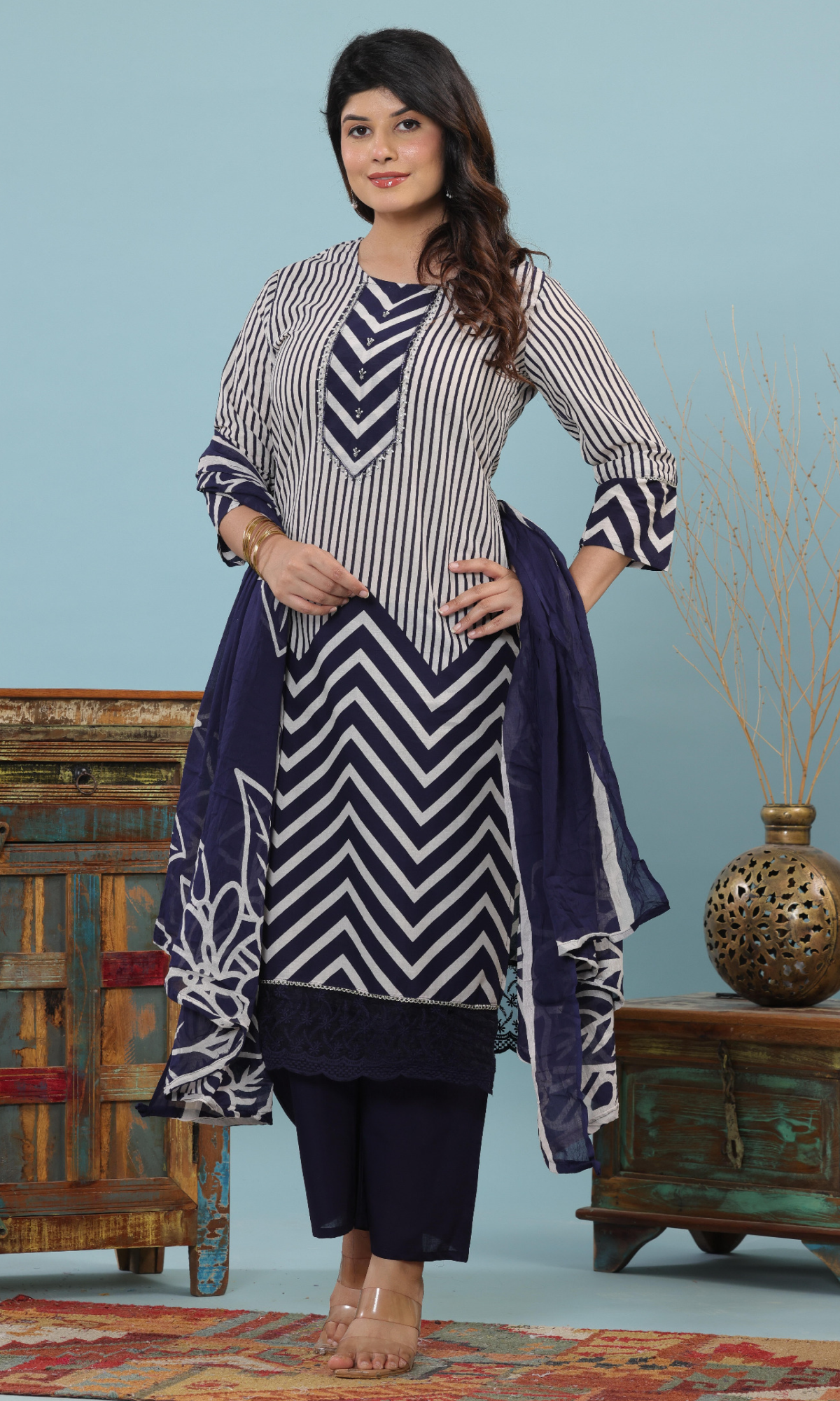 Navy Blue Semi Cotton Printed Salwar Suit