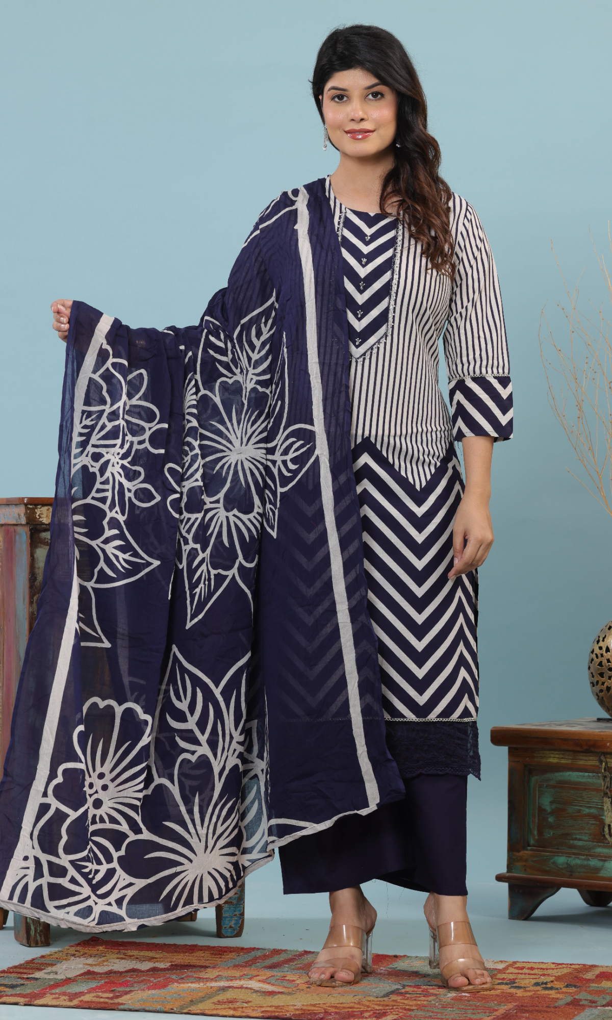 Navy Blue Semi Cotton Printed Salwar Suit
