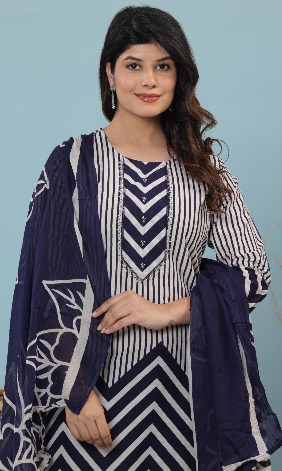 Navy Blue Semi Cotton Printed Salwar Suit