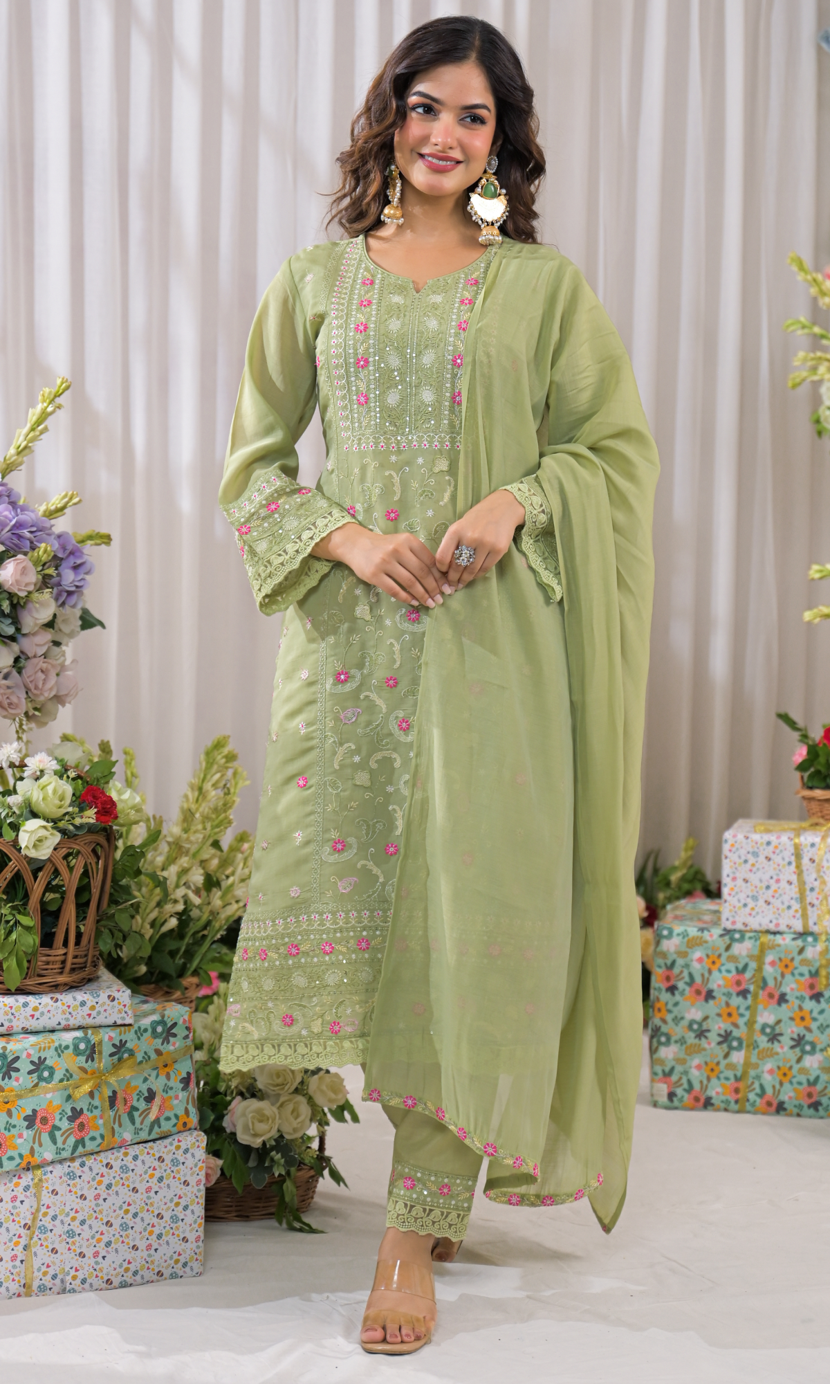 Green Semi Cotton Floral Embroidered Salwar Suit