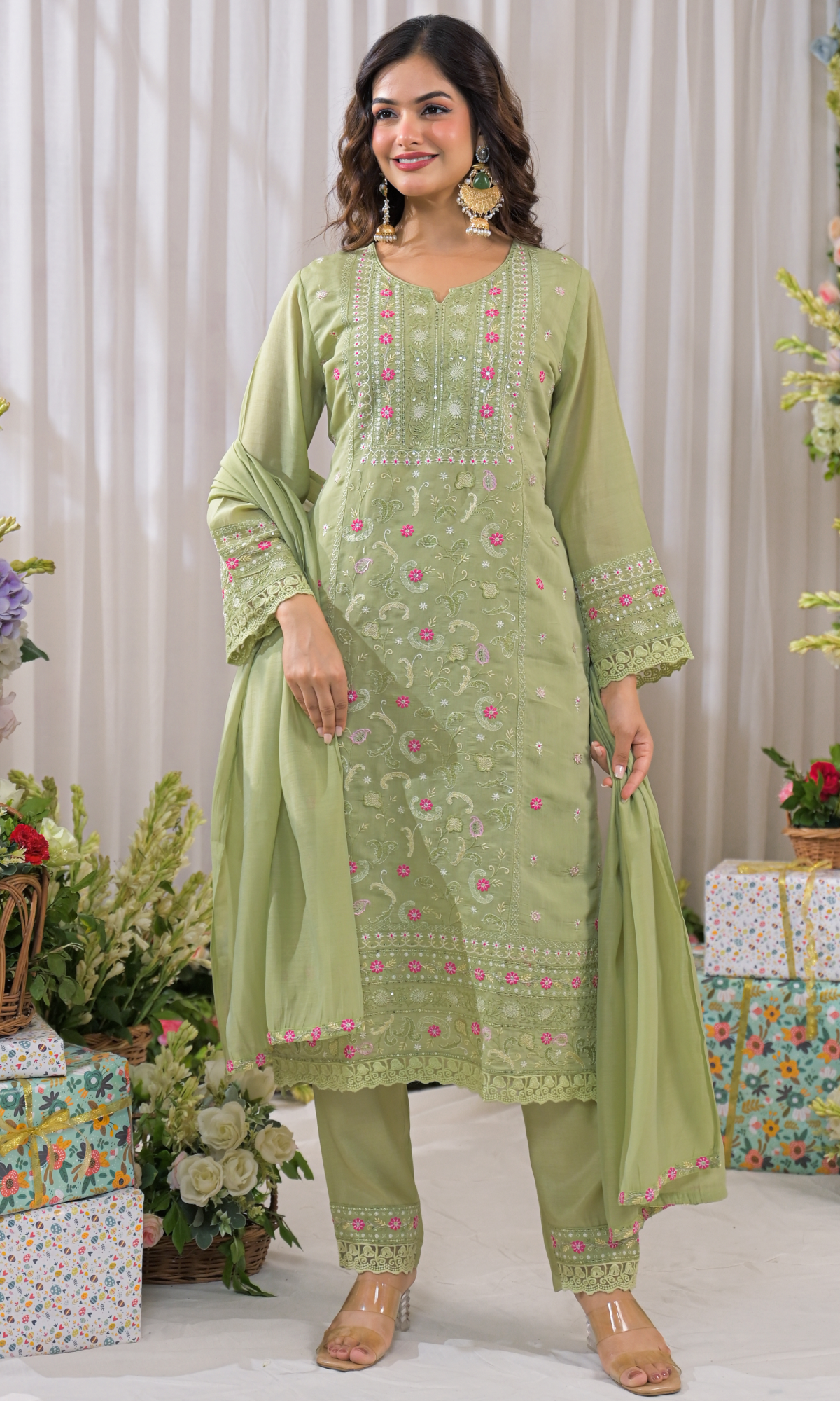Green Semi Cotton Floral Embroidered Salwar Suit