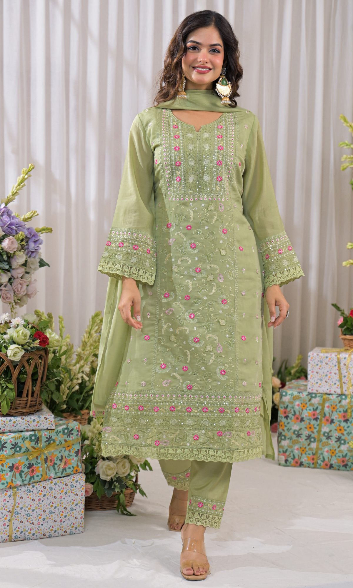 Green Semi Cotton Floral Embroidered Salwar Suit