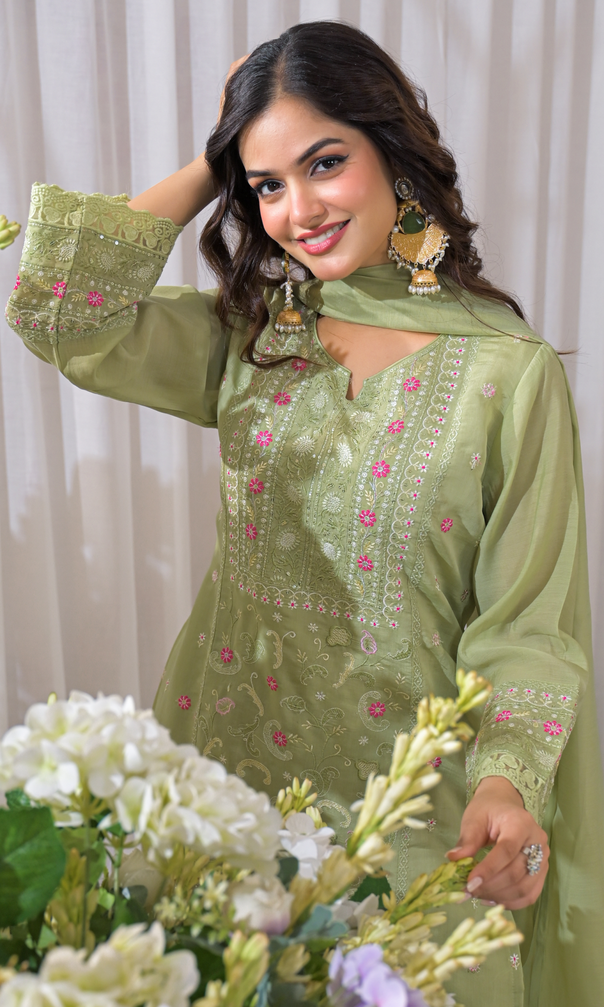 Green Semi Cotton Floral Embroidered Salwar Suit