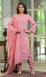 Pink Semi Cotton Floral Embroidered Salwar Suit