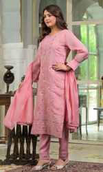 Pink Semi Cotton Floral Embroidered Salwar Suit