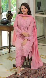 Pink Semi Cotton Floral Embroidered Salwar Suit