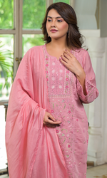 Pink Semi Cotton Floral Embroidered Salwar Suit