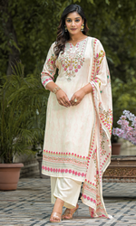 Cream Crepe Satin Floral Embroidered Salwar Suit