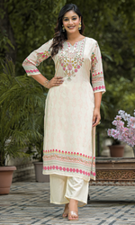 Cream Crepe Satin Floral Embroidered Salwar Suit