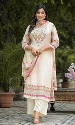 Cream Crepe Satin Floral Embroidered Salwar Suit
