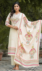Cream Crepe Satin Floral Embroidered Salwar Suit