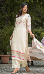 Cream Crepe Satin Floral Embroidered Salwar Suit