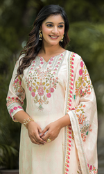 Cream Crepe Satin Floral Embroidered Salwar Suit