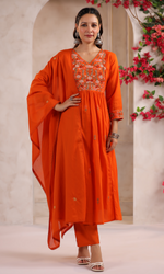 Orange Semi Cotton Floral Embroidered Salwar Suit