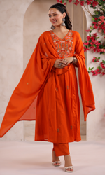 Orange Semi Cotton Floral Embroidered Salwar Suit