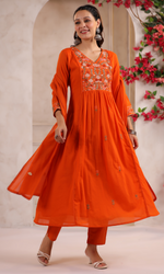 Orange Semi Cotton Floral Embroidered Salwar Suit