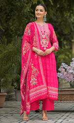 Pink Crepe Satin Floral Embroidered Salwar Suit