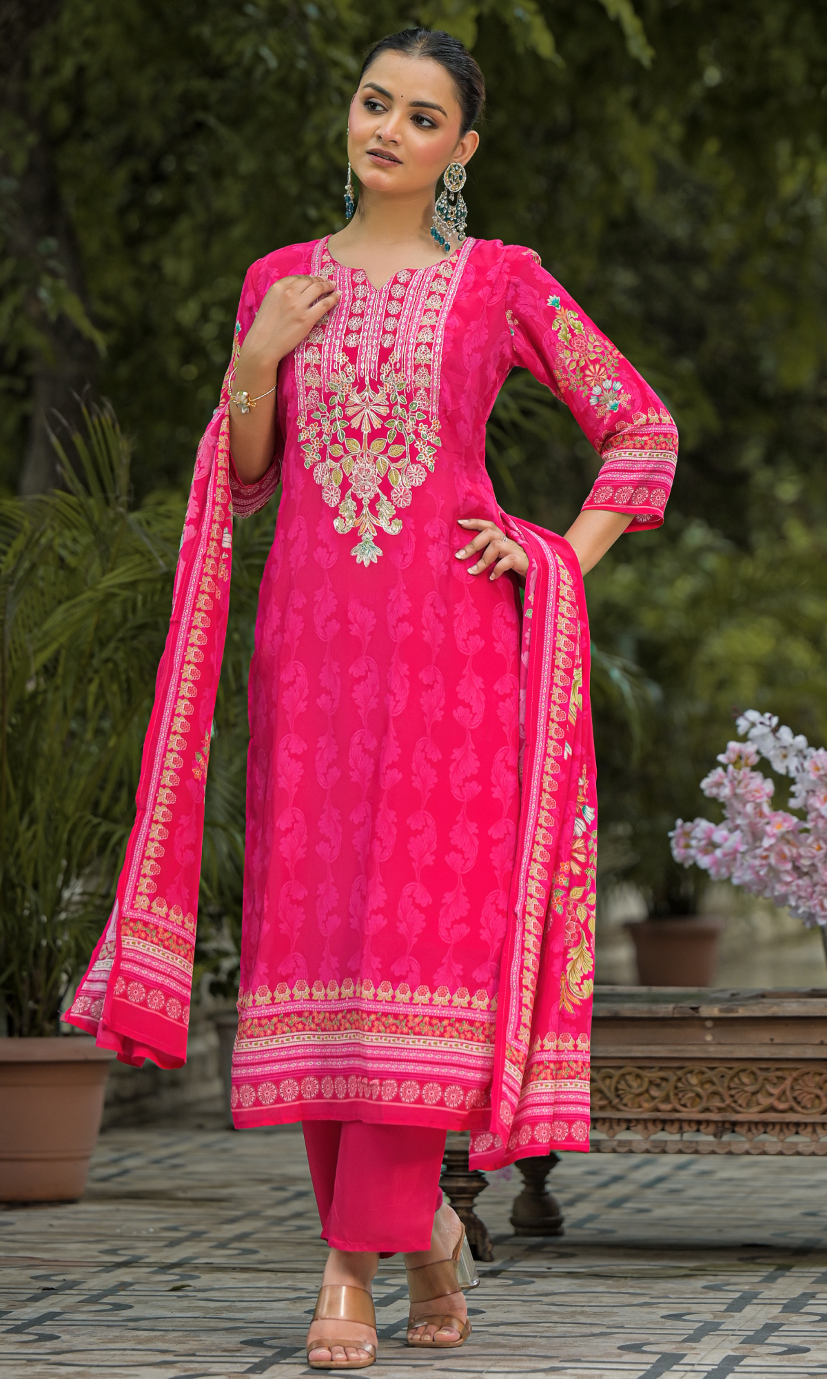 Pink Crepe Satin Floral Embroidered Salwar Suit
